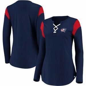 NWT NHL Fanatics Columbus Blue Jackets Navy Iconic Long Sleeve Lace-Up Top Sz M